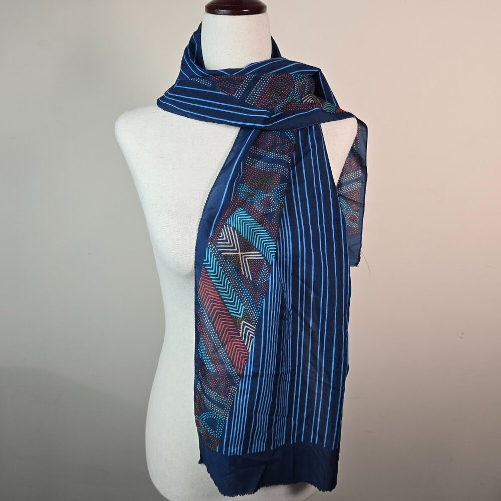 Vintage Scarf Women Blue Black Rectangle Stripes Geometric Tribal Afro-Inspired